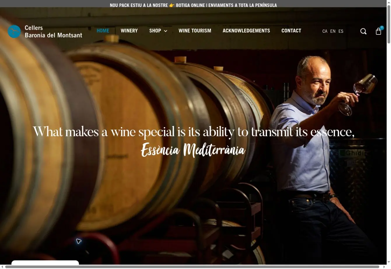 Cellers Baronia del Montsant official website showing its winery and cellar barrels