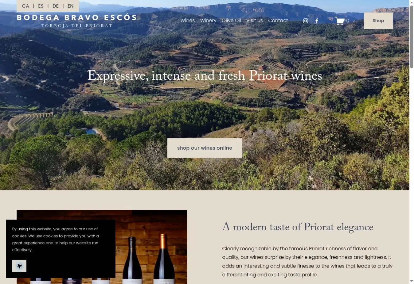 Bodega Bravo Escós official website showing its Torroja vineyards and current wines