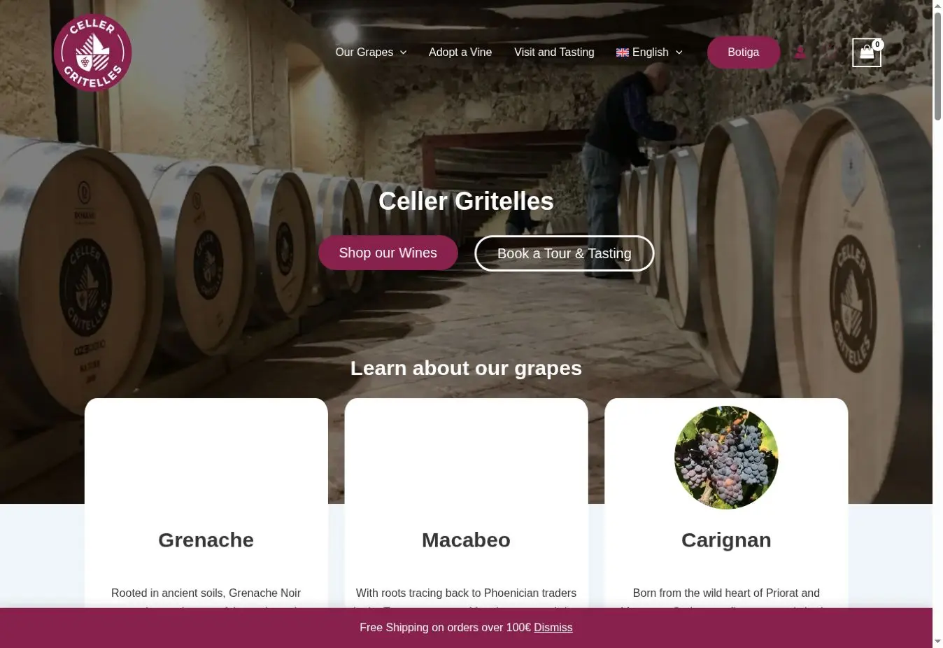 Celler Gritelles official website showing its winery, barrels and current wines