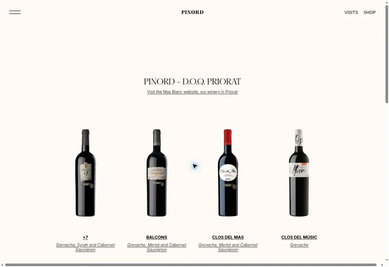 Pinord official website showing the Mas Blanc DOQ Priorat wine range