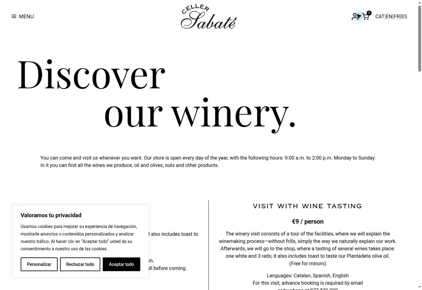 Celler Sabaté official website presenting its La Vilella Baixa winery and tasting visit