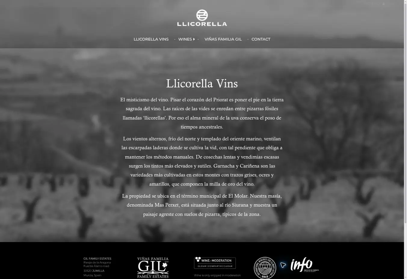 Gil Family Estates official Llicorella Vins page showing its Priorat vineyard identity