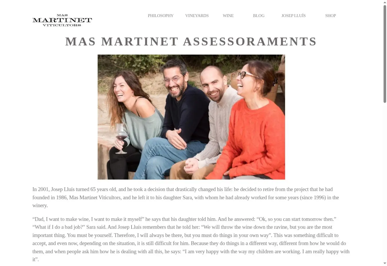 Mas Martinet official website showing the Mas Martinet Assessoraments project and its team