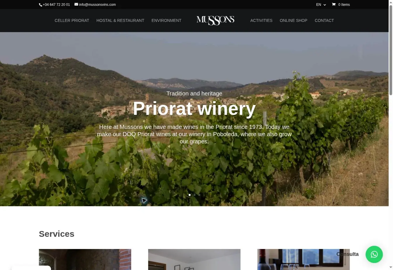 Mussons official website showing its Poboleda winery and vineyard setting
